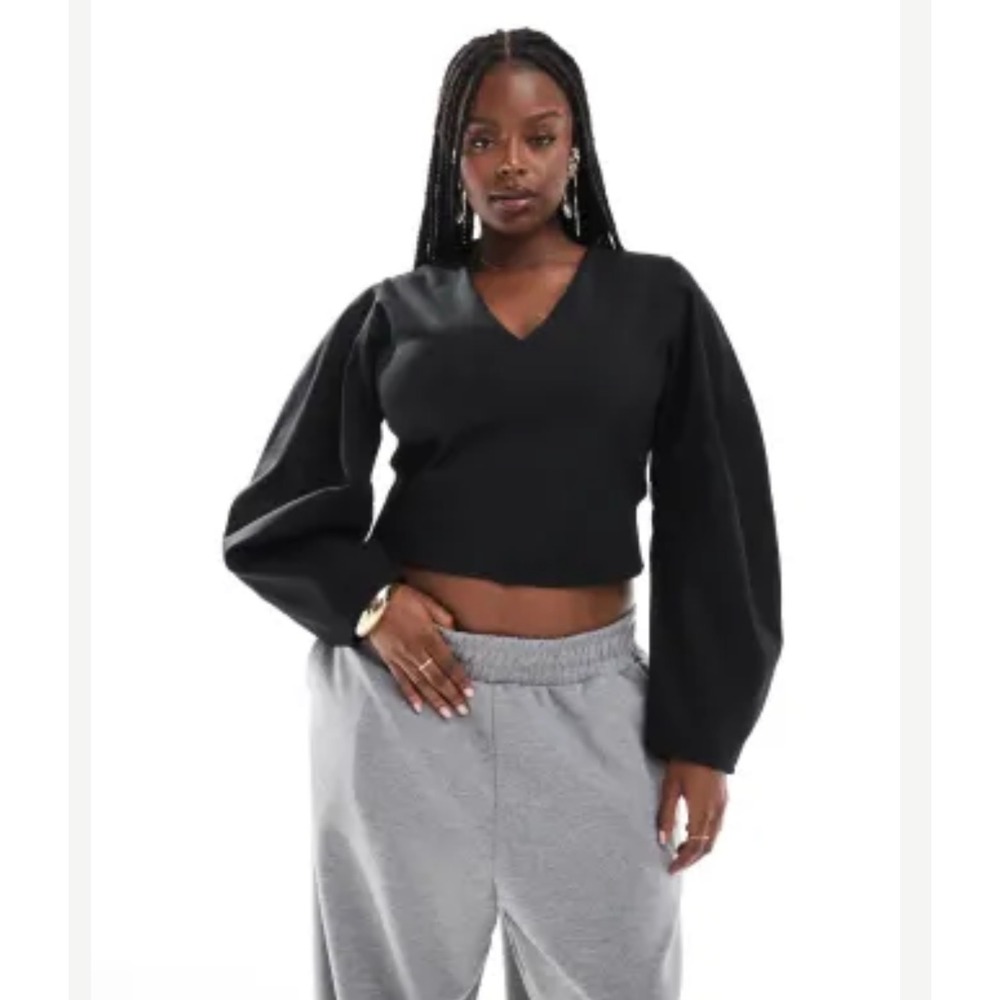 NWT‎ ASOS DESIGN Plunge Cocoon Sleeve Scuba Top Black Balloon Crepe Stretch XL